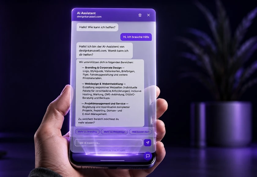KI-Chatbot mit firmeneigener Wissensdatenbank — Hand hält Smartphone